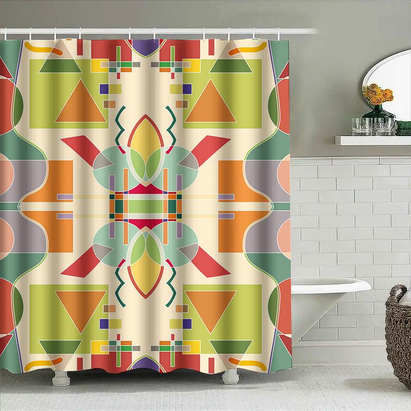 Colorful Geometric Shower Curtain For Bathroom Decor Waterproof Fabric With Rings Various Size Options Available (Green)