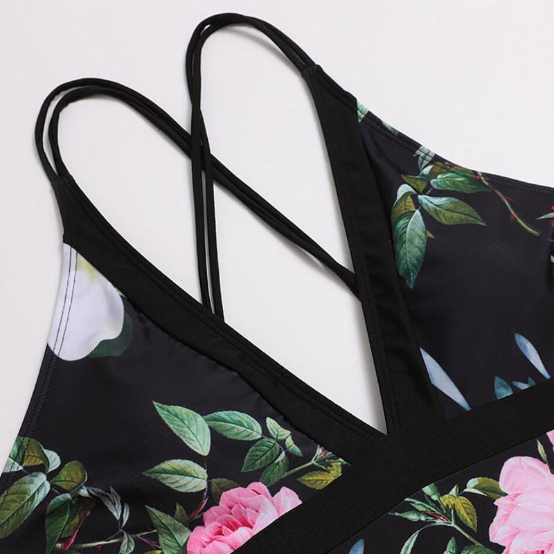 Floral Print One Piece Swimwear Deep V-Neck Women Swimsuit Cri-Cross Bathing Swimming Suit