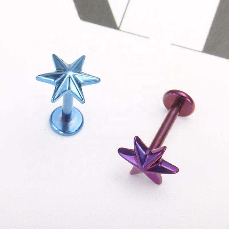 Six Pointed Star Anodized Plated ASTM F136 Titanium Labret Top Lip Ring Body Piercing Jewelry Helix Earrings