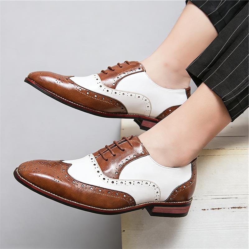 New Designer Men's Pointed Black With White Mixed Patchwork Dress Oxford Shoes Moccasins Wedding Prom Sapato Social Masculino