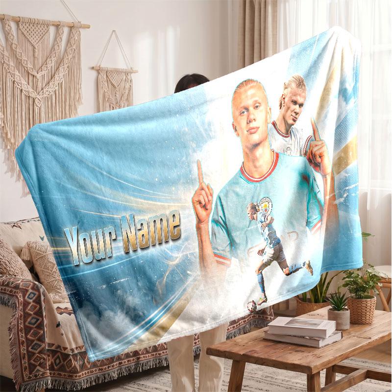 Erling Haaland Personalized Fleece Blanket With Football Logo, Custom Name Text Soft Warm Home Throw Blanket