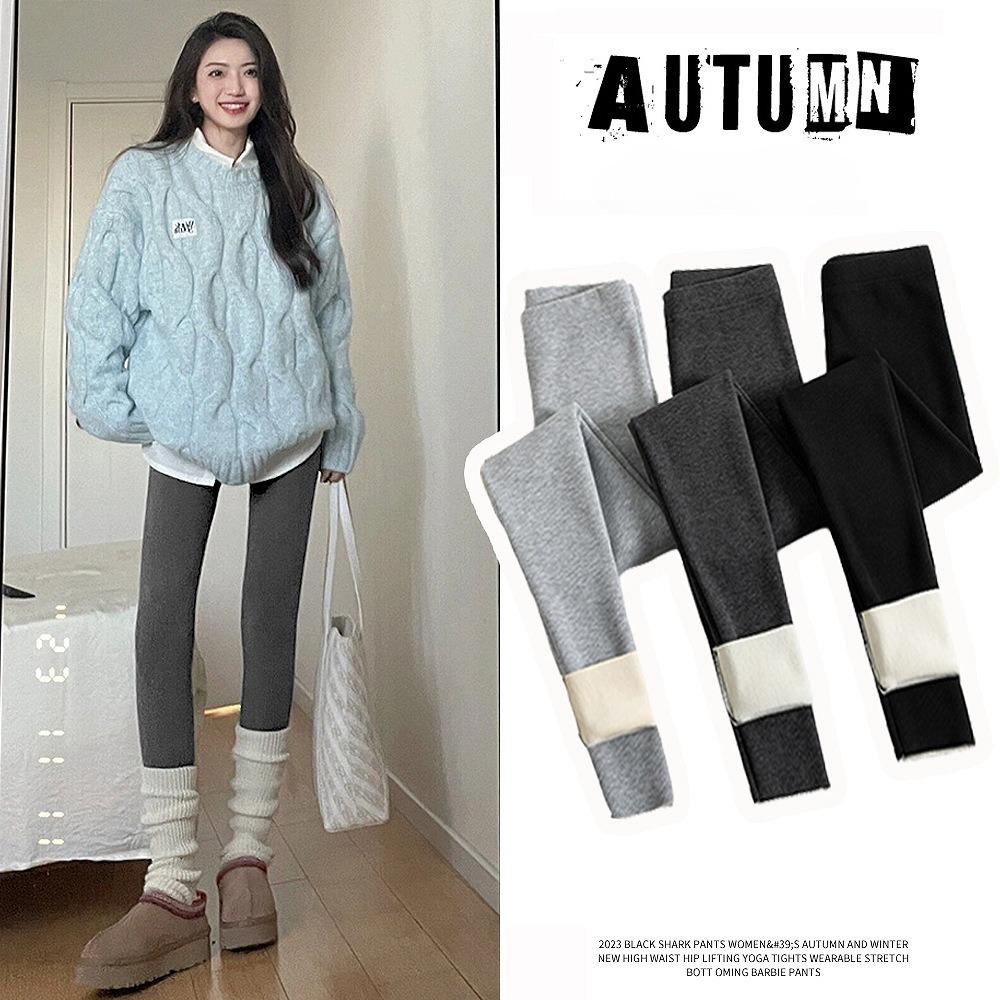 Gray Ribbed Striped Leggings Winter Outdoor Wear Thermal Underwear Women Tight Thick Warm Cotton Pants