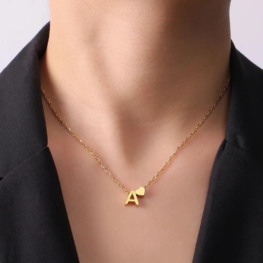 Cazador Mini Heart Initial Letter Pendant Necklaces for Women Stainless Steel A-Z Alphabet Choker Chain Jewelry Valentine Gift