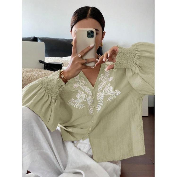 

Ladies Casual Long Sleeve Blouse Women Autumn Embroidery V Neck Shirt Tops Single Breasted Tops S светло-зеленый
