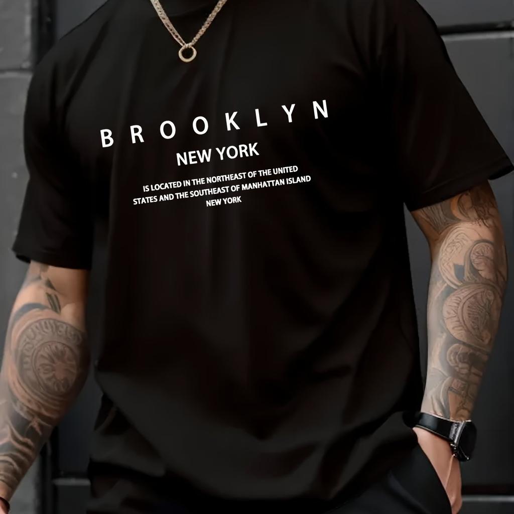 Summer Men's 100% Pure Cotton Casual Loose Plus Size Brooklyn Print Comfortable Sports Round Neck Short Sleeved T-shirt Top