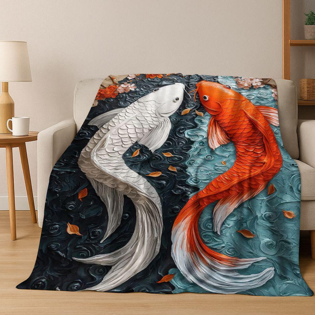 Luxuriöse Glückskarpfen Yin Yang Karpfen Cartoon Flanell Decke, Gemütliche Weiche Überwurfdecke für Zuhause Schlafzimmer Bett Sofa Abdeckung Geschenk Kind
