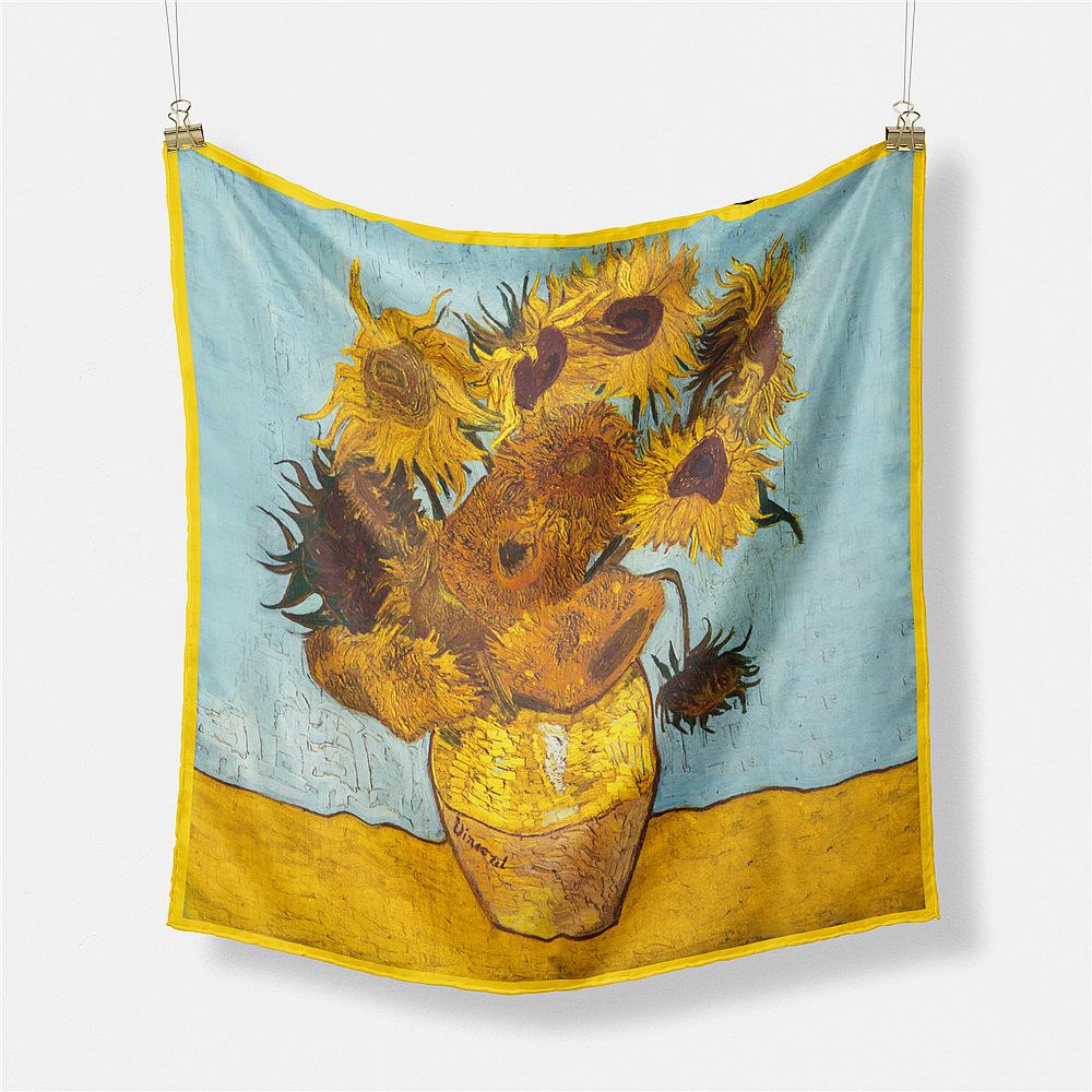 Famous Oil Painting Twill 100% Silk Scarf Fashion Bandana Women Scarf Wraps 53cm Square Scarves Hijab Head Scarf Neckerchief