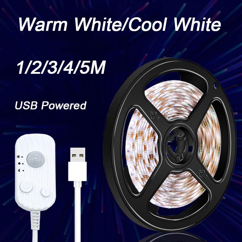 Luzes de Fita LED Versáteis com Sensor de Movimento PIR de 1-5m Alimentadas por USB para Armários e Escadas
