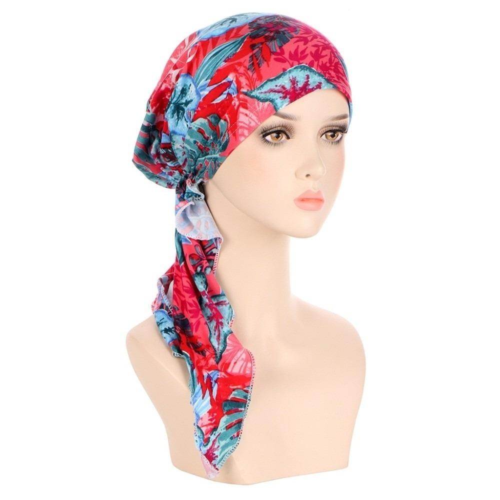 Hair Loss Cover Turban Hijab Elastic Stretch Flower Print Head Scarf Soft Chemo Hat Cap for Women