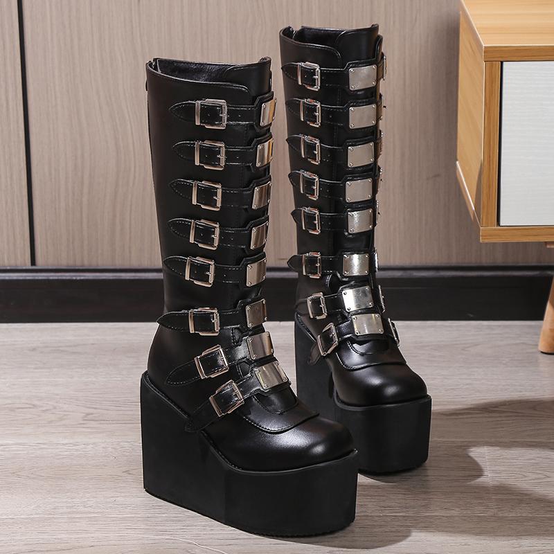 Punk Design Tall Boots Leather Wedge Heel Waterproof Non-slip Cool Thick Ladies Boots Zipper Casual Winter XL 35~43 Tall Boots