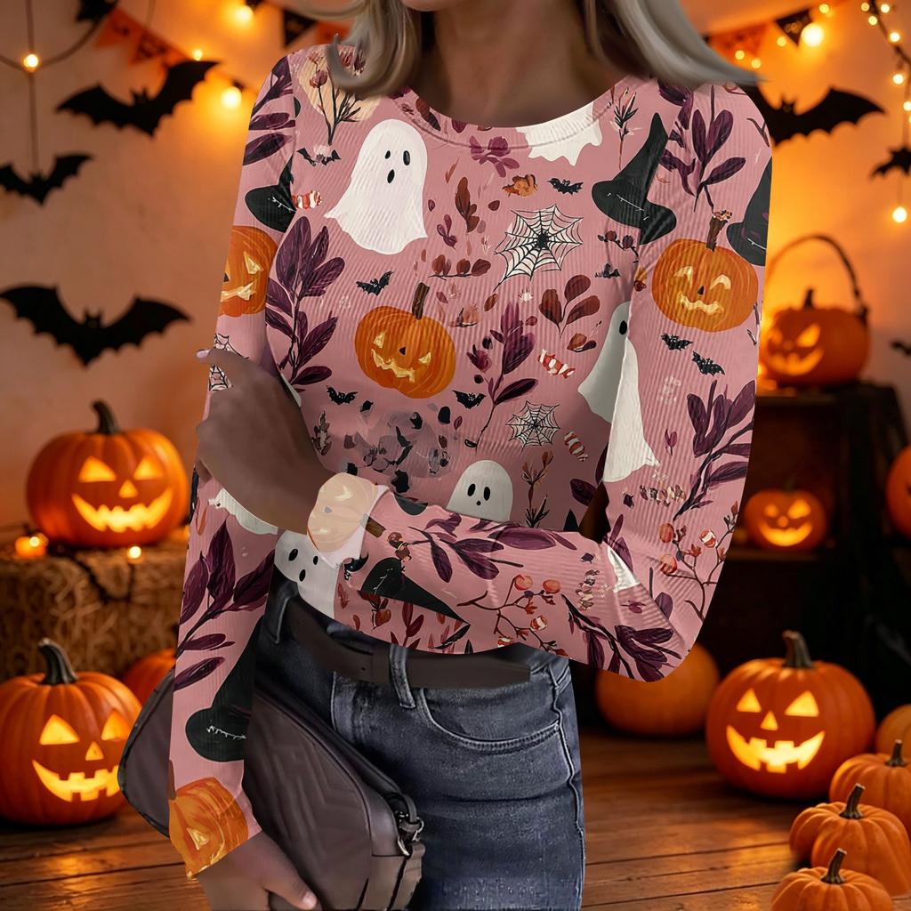 Women's Casual Long Sleeve Ribbed Halloween Print Top Crew Neck Stretchy Slim Fit Lightweight Shirt