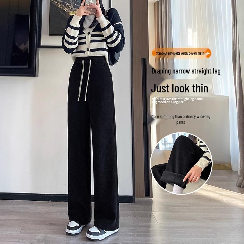 Women's 2024 Chenille Wide-Leg Floor-Length Black Pants - Autumn/Winter Style