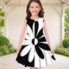 Girls Sleeveless Round Neck Black White Gray Geometric Printed A Line Flared Dress