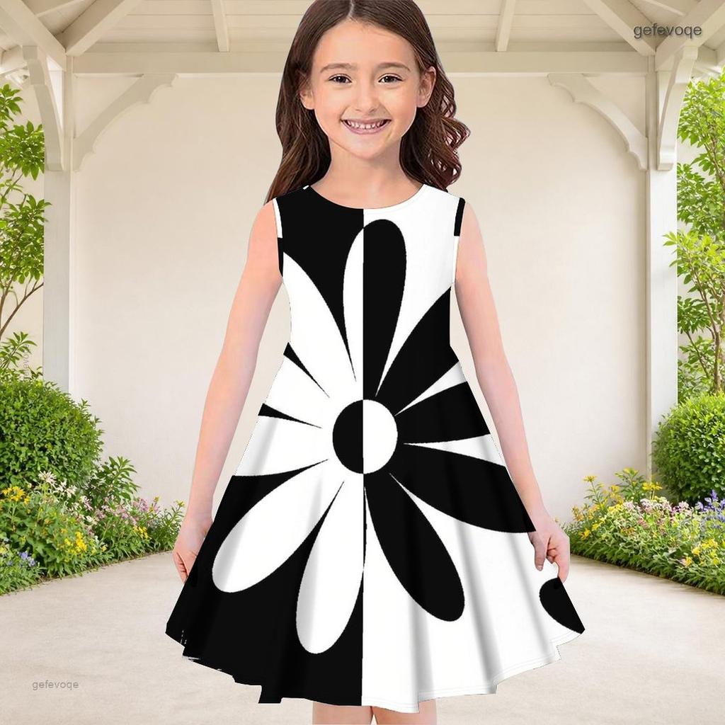 Girls Sleeveless Round Neck Black White Gray Geometric Printed A Line Flared Dress