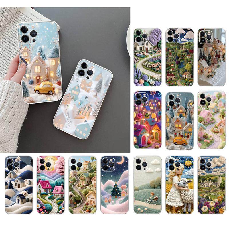 Phone Case For Iphone 17 16 Pro Max 15 14 13 Pro Max 17 Air 15 16 Pro 15Plus Cozy Crochet Winter Village Art