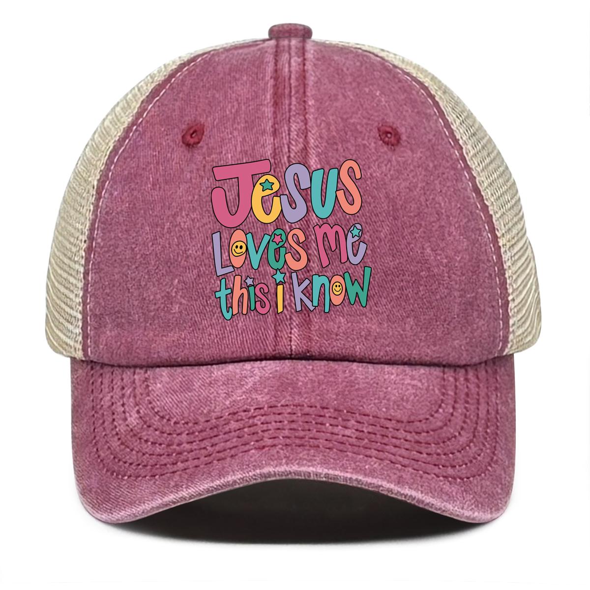 

Jesus Loves me this I know Print Mesh Cap Adjustable Sun Hat Casual Hat For Woman Snapback Baseball Cap For Men And Women