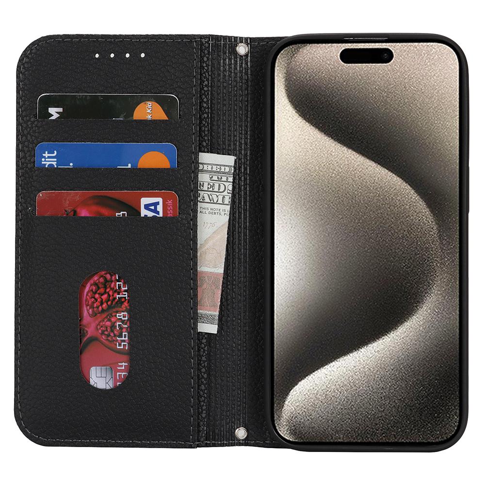 

Stand Case for iPhone 15 Pro Max Litchi Texture Leather Flip Phone Cover with Strap/Wallet Pink