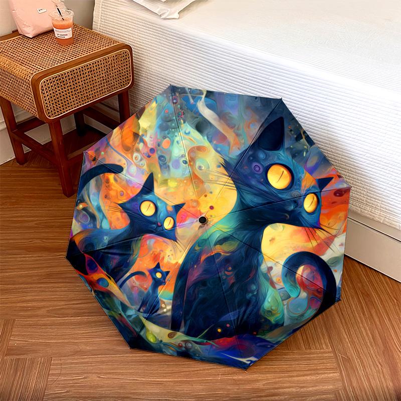 0106 Colorful Cat pattern, automatic folding umbrella, portable and foldable design, 8 ribs, a Christmas or birthday gift.