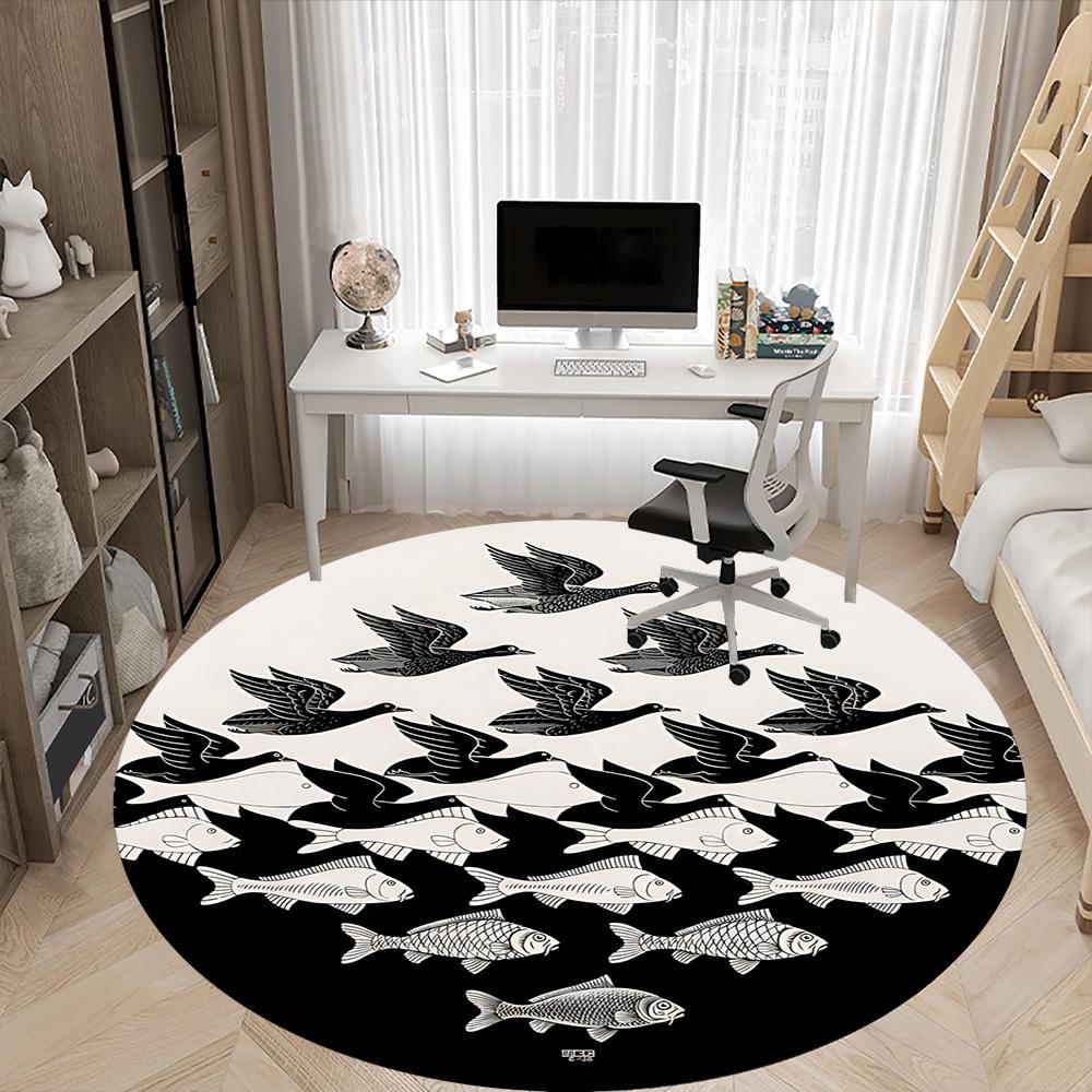 1pc Fish Birds Office Round Area Rug, Indoor Mat Suitable For Office, Under Office Chairs Bedroom Living Room Home Decor, Room Deco