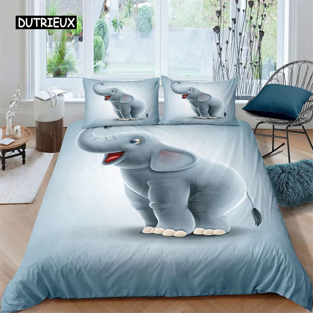 Kids Cartoon Elephant Duvet Cover Lovely Animal Theme Bedding Set Full For Girls Boys Kawaii Room Decor Microfiber Quilt Cover