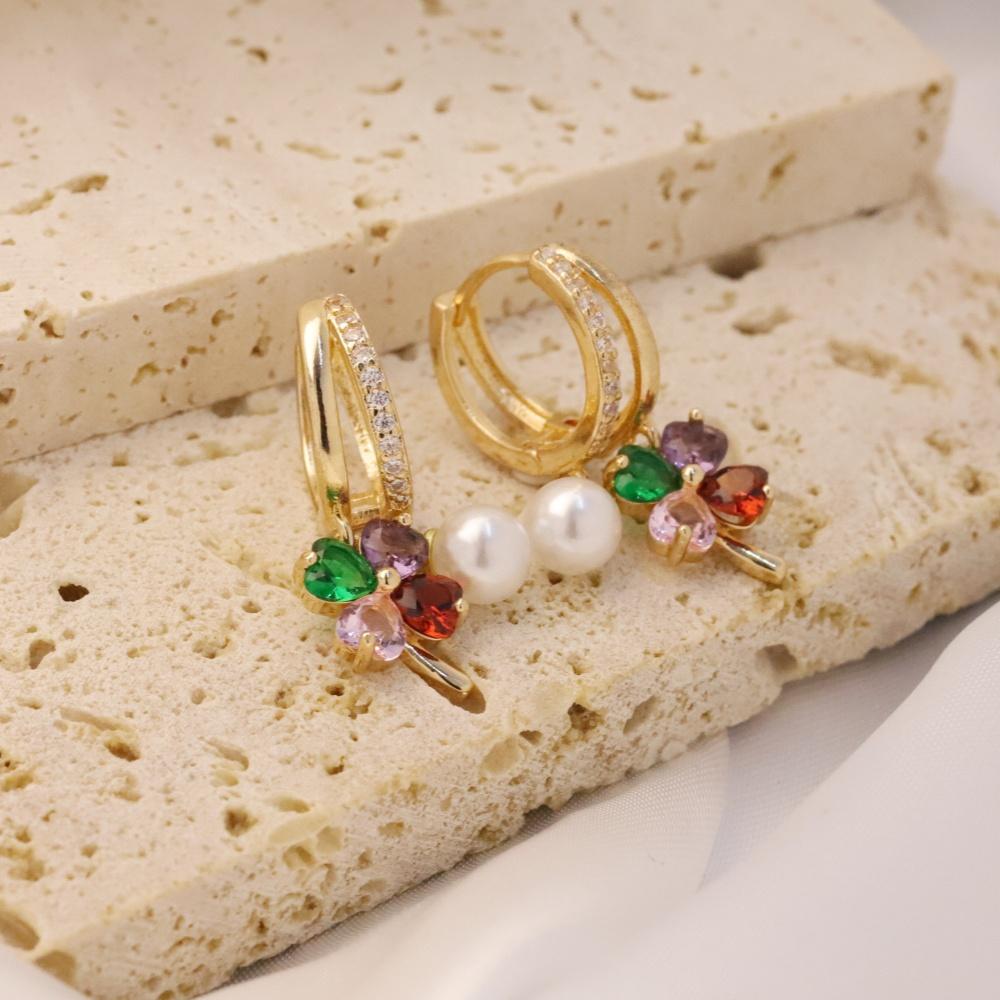 1 Pair Fashion Colorful Four-leaf Clover Zirconia with Imitation Pearls Dangle Earrings for Women Golden Earring Jewelry Wedding Party Accessories