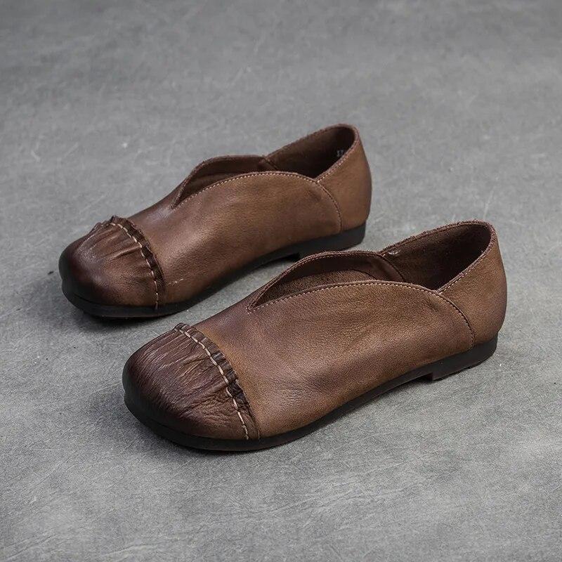 Johnature Retro Genuine Leather Flat Shoes Round Toe Soft Sole Casual Solid Color Women's Slip-on Shoes