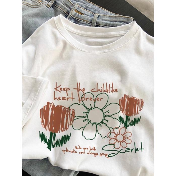 American Vintage Short Sleeve Pure Cotton T-Shirt 2026 New Women's Summer Loose Plus Size Trendy Printed Casual Round Neck Top