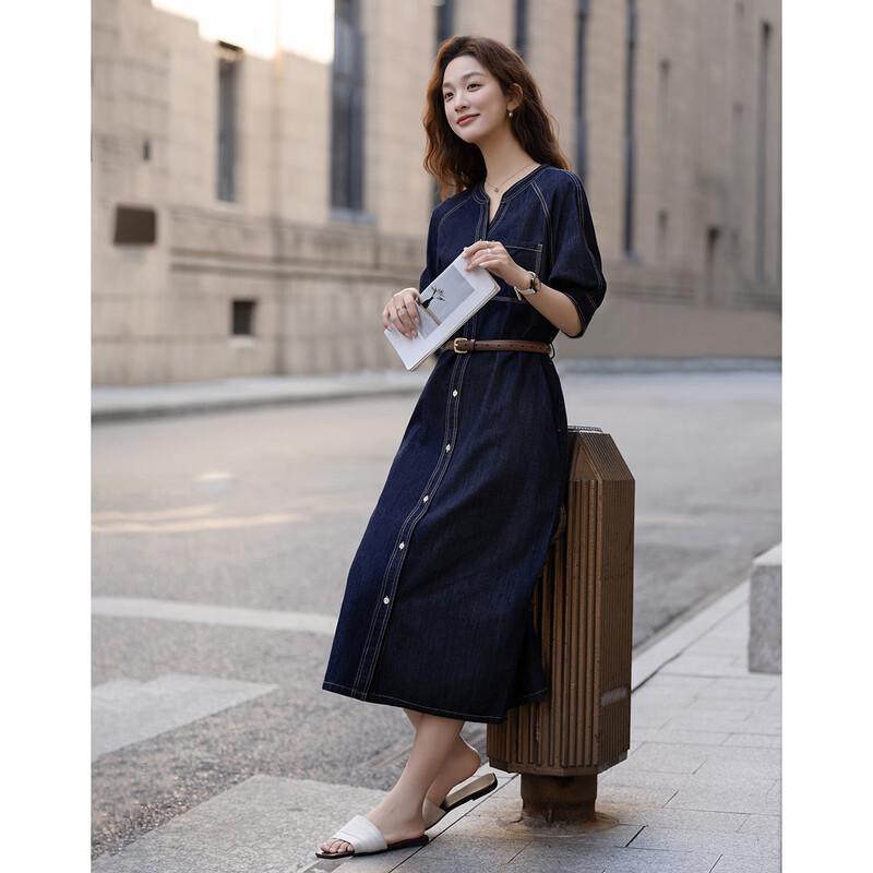 Demana Cloud Cotton V-Neck Belted Denim Dress
