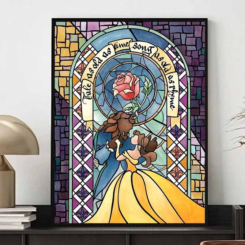 Disney Diamond Painting Beauty and The Beast Stained Glass Art Illustration 5D Full Diamond Art Mosaic DIY Embroidery Cartoon Wall Decoration