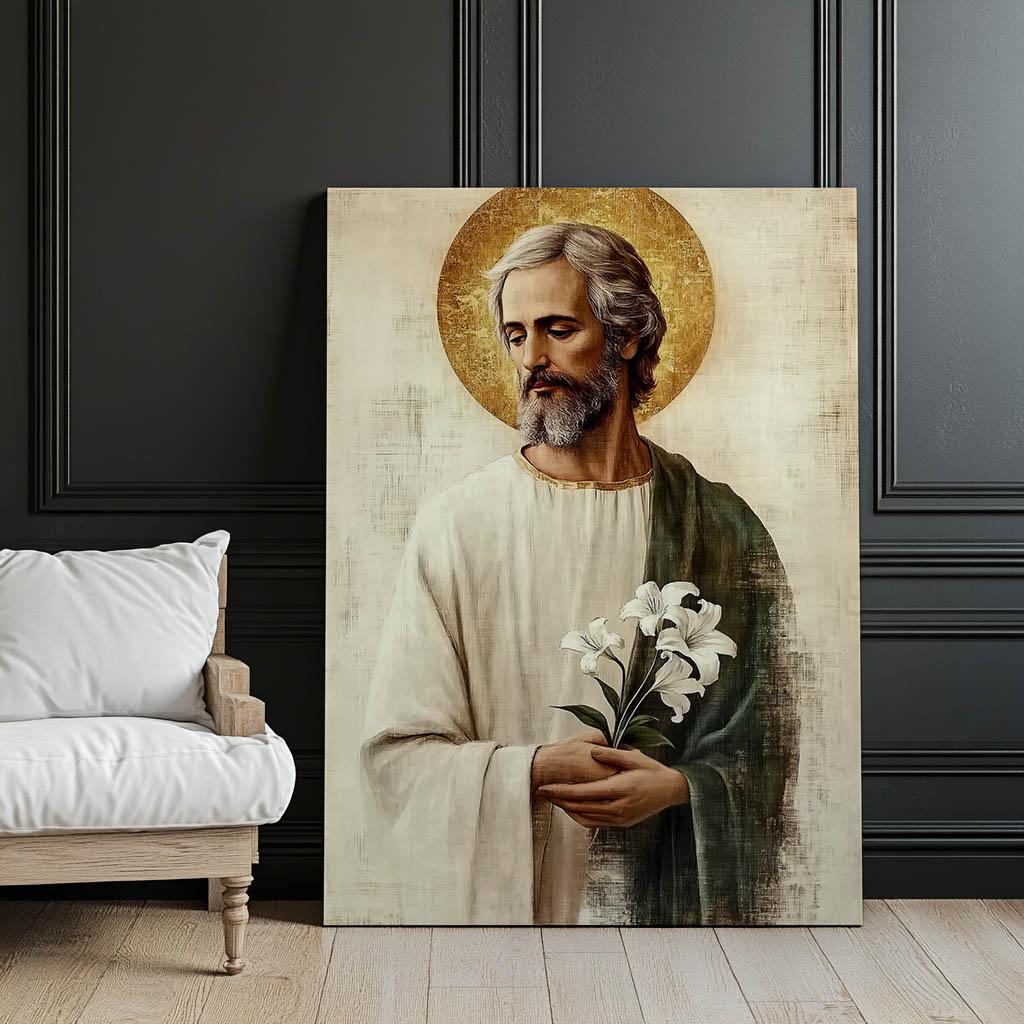 Święty Józef Z Bukietem Lilii Święty Józef Z Bukietem Lilii, 30X40 Cm, Rama Aluminiowa Złota, Papier Matowy 230 Gsm