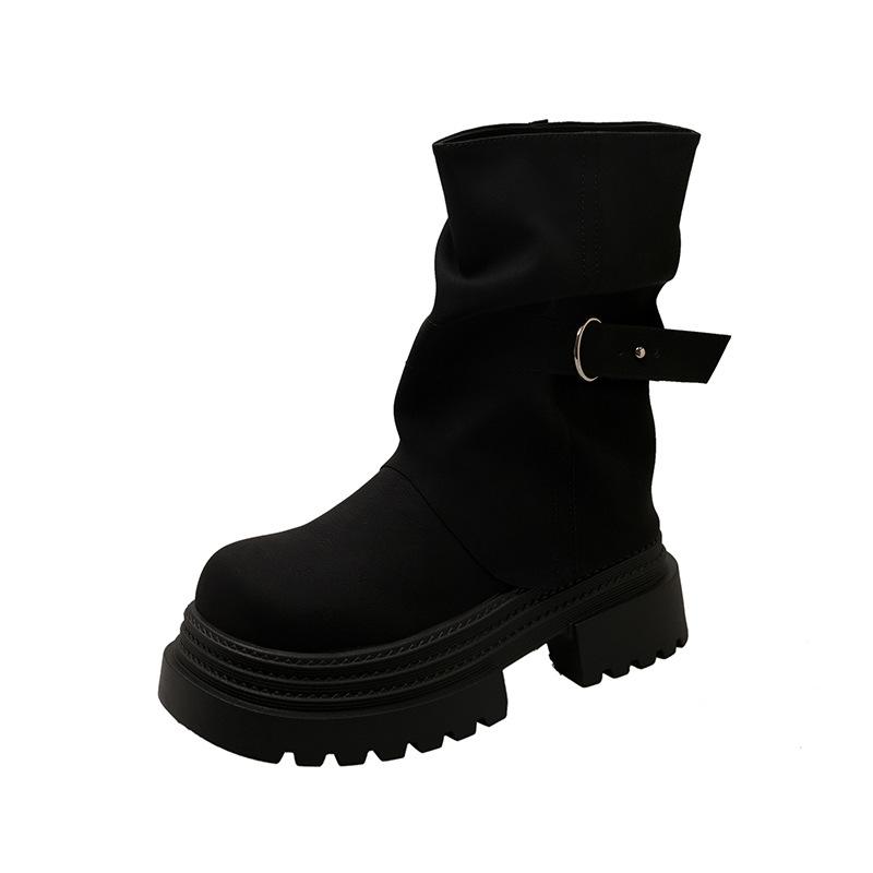 Retro platform knight boots women's foreign style outer wear 2025 autumn new Korean version one-pedal round head platform short boots