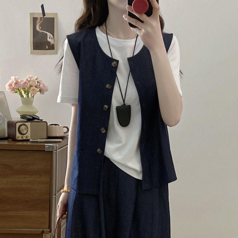 New Plus Size Waist-Cinching Wide-Leg Pants Set: Fashionable Summer Short-Sleeved Vest & Versatile Shirt