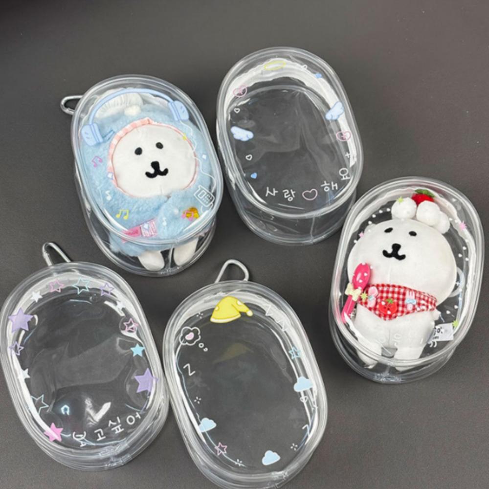 Cotton Oval Plush Dolls Storage Bag PVC Transparent Organizer Box Outdoor Display Bag With Keychain Schoolbag Pendant