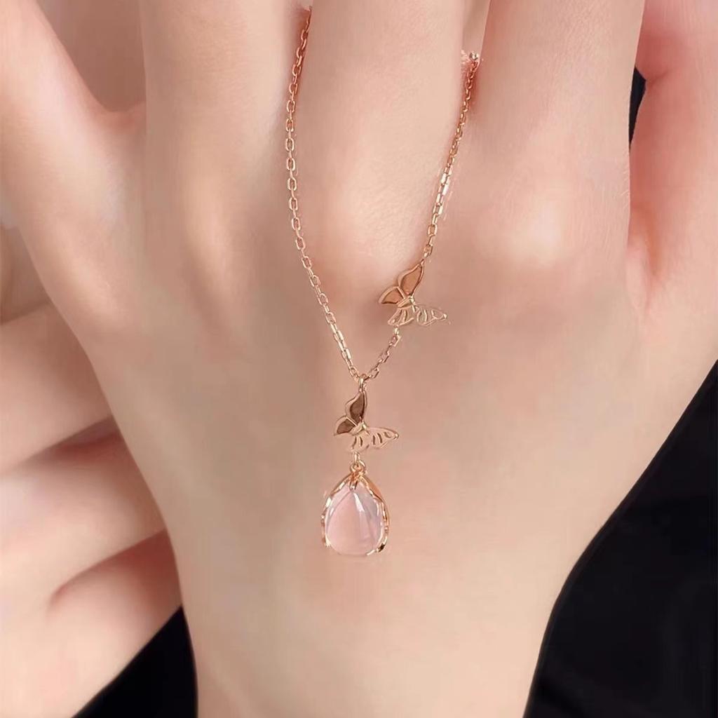 Pink chalcedony butterfly necklace women's light luxury simple temperament niche design sense exquisite versatile tide water drop collarbone chain