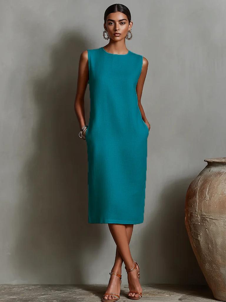Women Sleeveless Side Pockets Midi Dress Solid Orange Casual Loose Fit Summer Dress