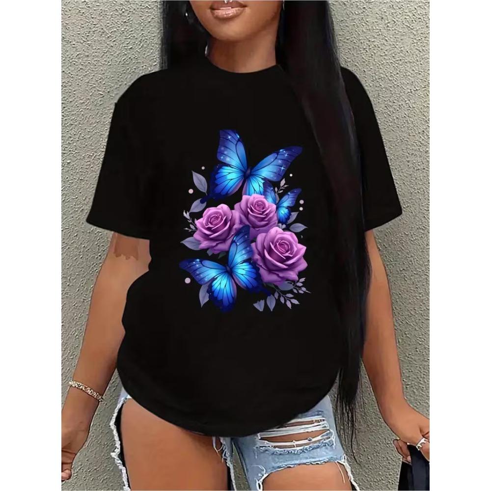 

Wo Elegant Black T-Shirt with Vibrant Blue and Purple Butterfly and Rose Design Short Sleeve, Round Neck, Casual Summer Top M