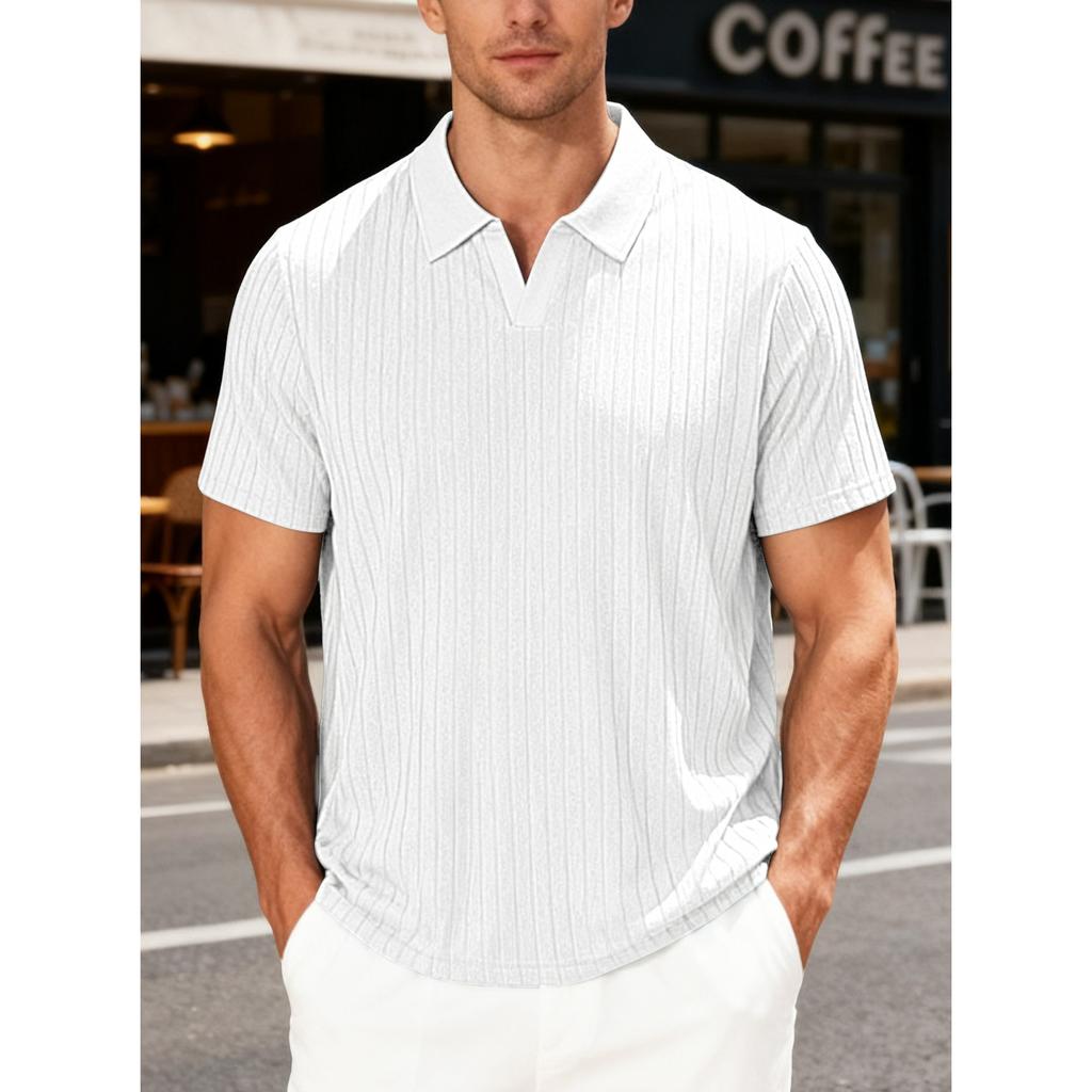 Summer Casual Breathable Towel Jacquard Lapel Men's Striped Short-sleeved Shirt