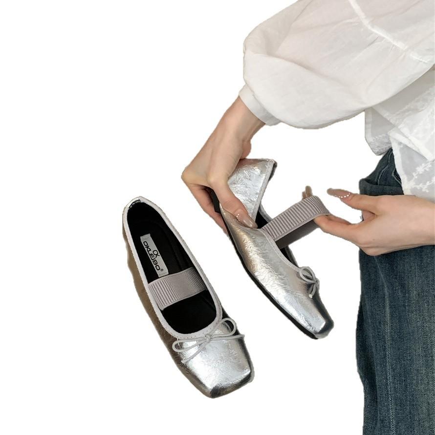 Flat-bottomed French square head small silver single shoes women's shoes 2025 new spring satin ballet gentle