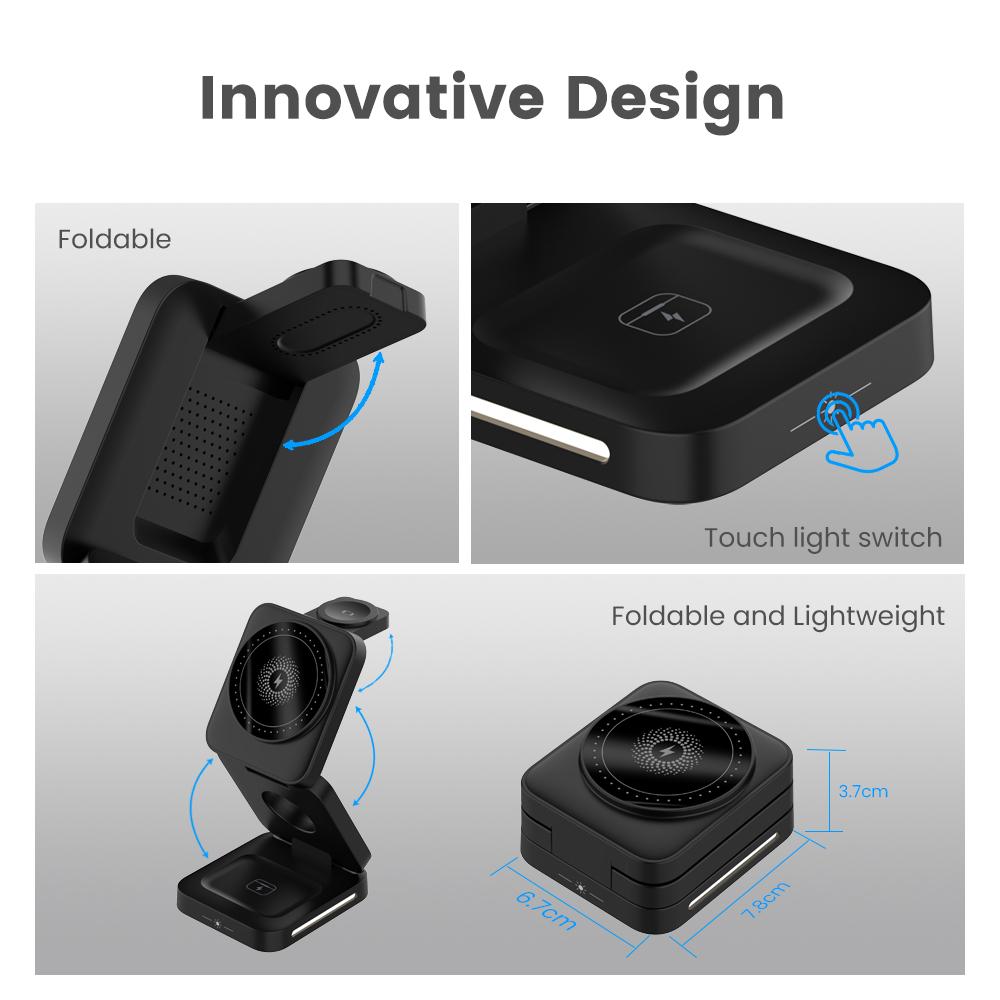 Portable Design Pocket Size Multi-functional  15W 3-in-1 Magnetic Wireless Fast Charging Station for Phone Watch Earbuds