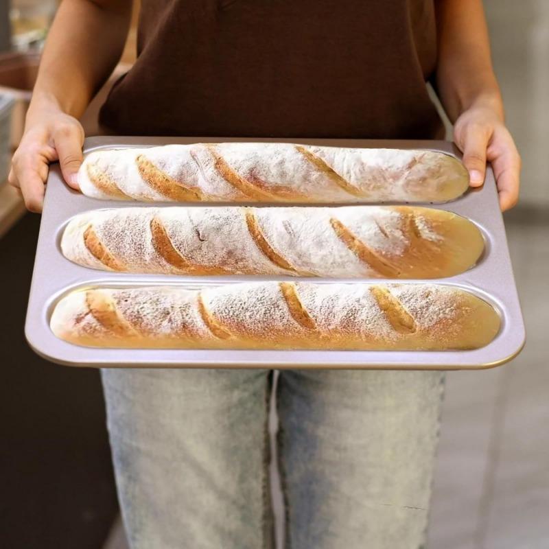 Durable Carbon Steel Baguette Baking Molds, Nonstick French Bread Pan with Rectangular Slots, Specialty 3-Cavity Baguette Mold - Essential Kitchen
