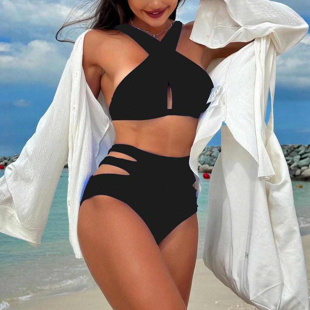 European And American New Bikini Split 2-Piece Suit Sexy Backless Cross Belt Solid Color Swimsuit Women
