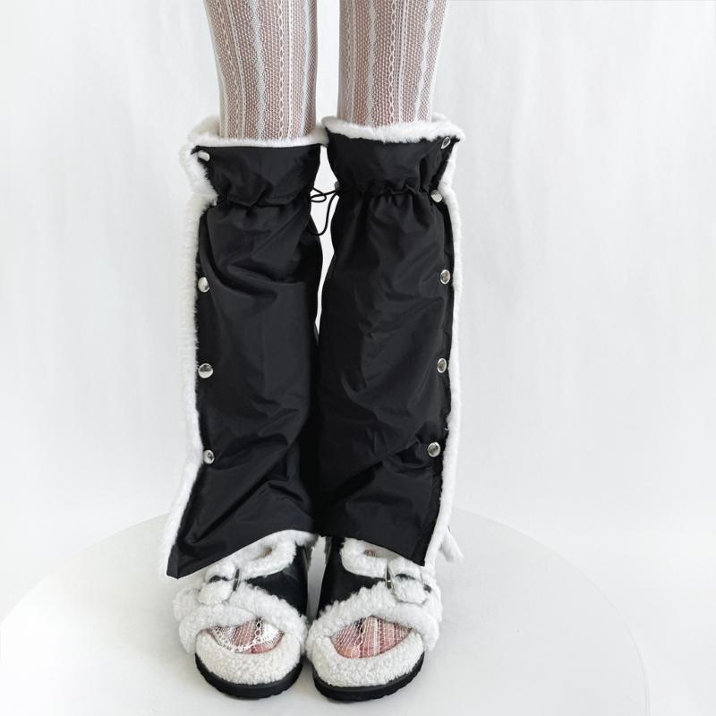 Women's Slouchy Leg Warmers with Side Split Buttons Solid Color Fleece Lined Drawstring Leg Covers Footless Long Socks