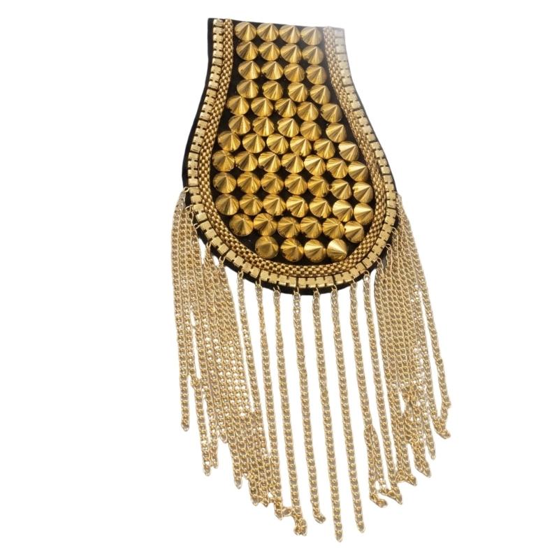 Sew-On Epaulette Shoulder Bar Accessory with Rivet Studs and Layered Metal Chain for Punk Theme Clothing Enhancement