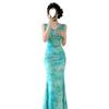 New butterfly print swinging collar suspender dress female slim waist fishtail long dress Spice girl vacation skirt