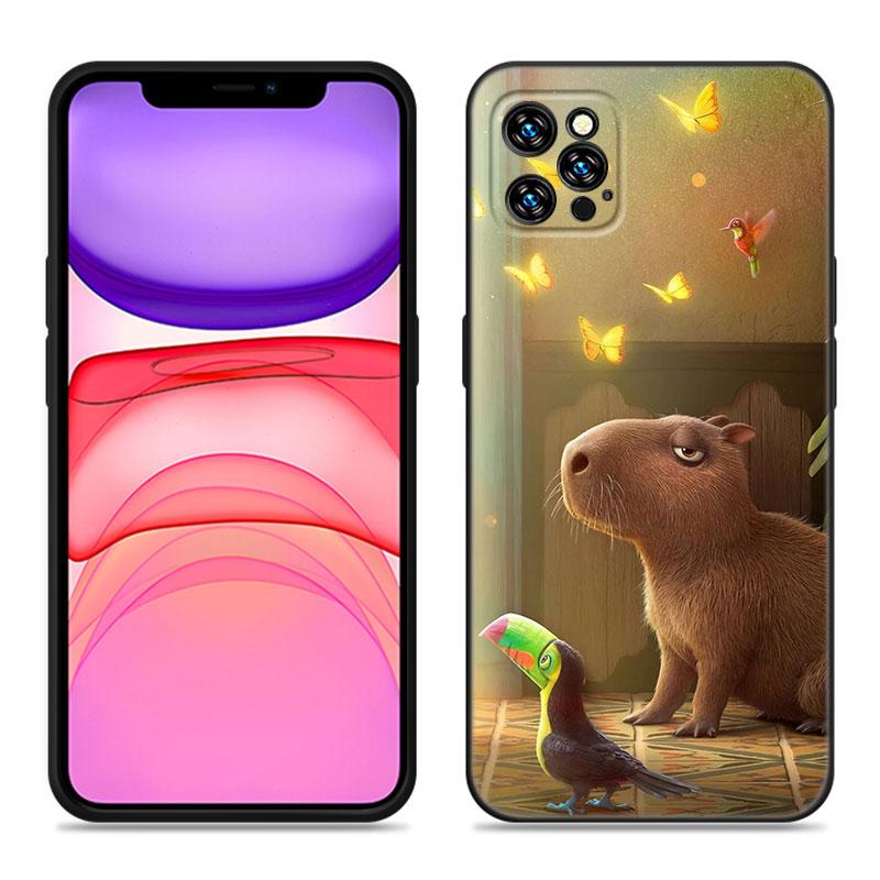 Cute Cartoon Capybara Phone Case For Apple iPhone 12 13 Mini 11 14 15 Pro Max 7 8 Plus X XR XS SE 2020 2022 Black Silicone Case