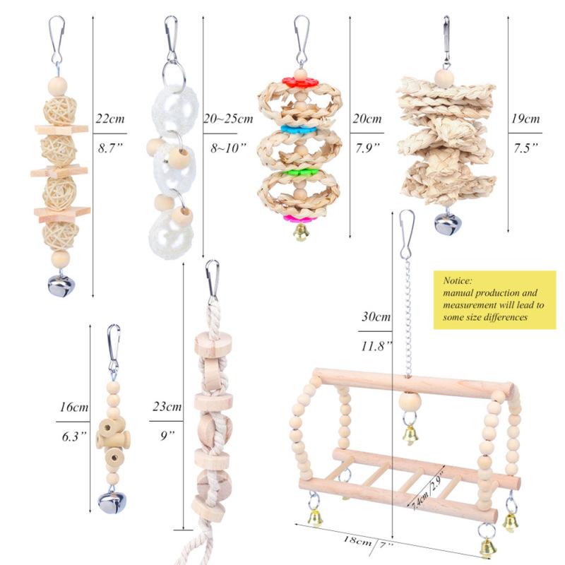 Pet Bird Hanging Natural Wooden Toy Set Parrot Perch Stand Chew Toys With Bells Bird Cage