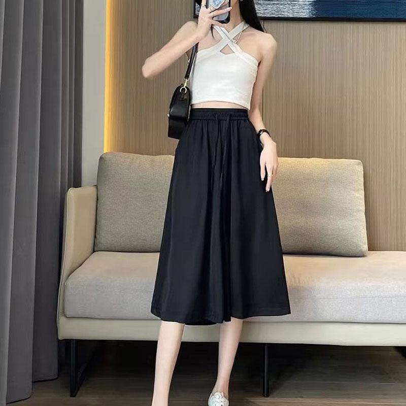 Women's Wide Leg Capri Pants High Waist Solid Color Summer Thin Elastic Fashion Drawstring Casual Pockets Spliced