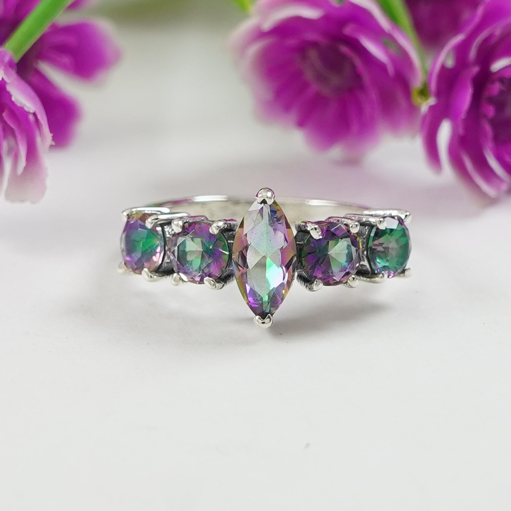 

Кільце з містичним топазом, Кільце вічності, Ручна робота, Кільце з кількома каменями зі стерлінгового срібла 925 проби, Кільце з топазом форми маркіз і круглим, Весільний подарунок 12