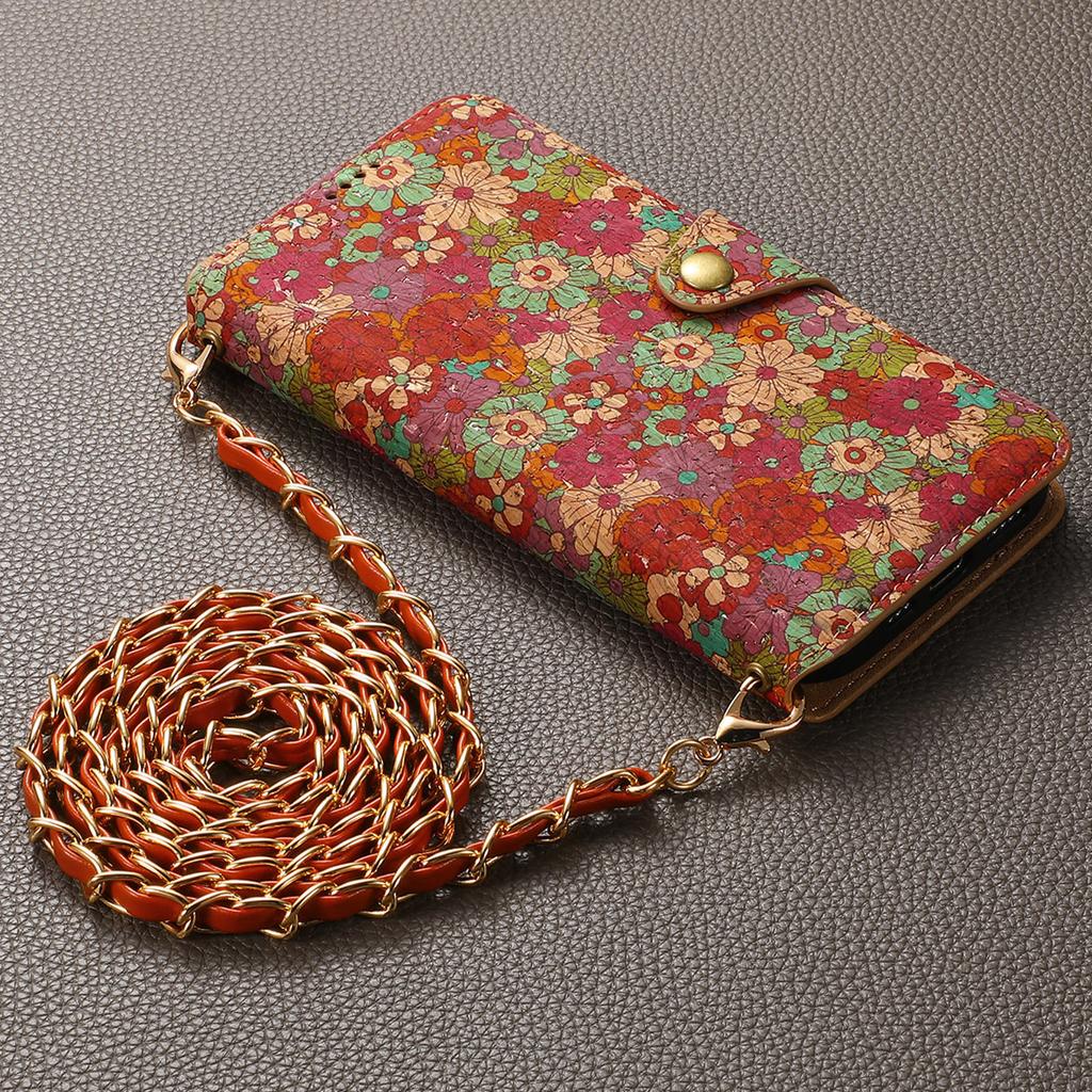 Custodia a Portafoglio Flip Etnica Floreale Boemia per Telefono - Custodia a Tracolla con Texture in Sughero, Porta Carte e Supporto per Serie iPhone 17 Pro 16 15