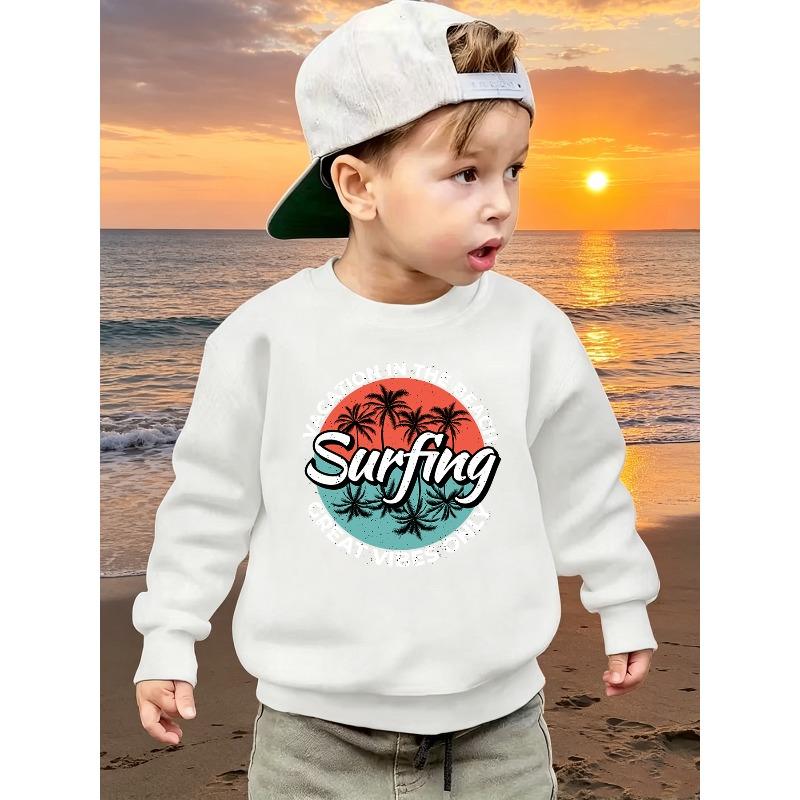 European sizes Kids  Trendy White Letter and Palm Tree Pattern Print Casual Long-Sleeve Crewneck Sweatshirt / Comfortable Crewneck Base Layer 110 белый